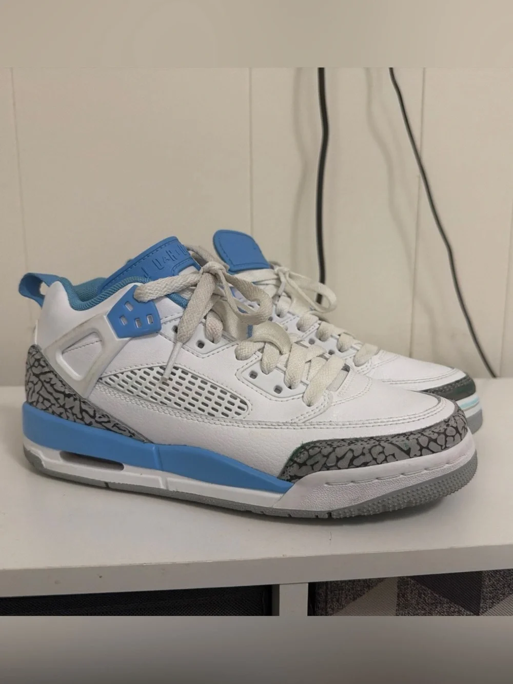 Kids Jordans White and Light Blue Basketball Sneakers